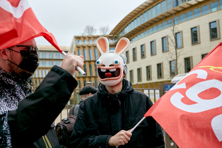 Ubisoft Employees Demonstrate Outside The French Video Game Giant's Offices In Response To Unions' Call For A National Strike In Saint-Mande, Near Paris, On February 10, 2026. A Three-day Strike Has Begun On February 10, 2026, At Ubisoft, The Video Game Giant Undergoing Major Restructuring, To Protest The Near-elimination Of Remote Work And A New Cost-cutting Plan, Two Days Before The Publication Of Its Quarterly Results (Photo by Adnan Farzat/NurPhoto via Getty Images)