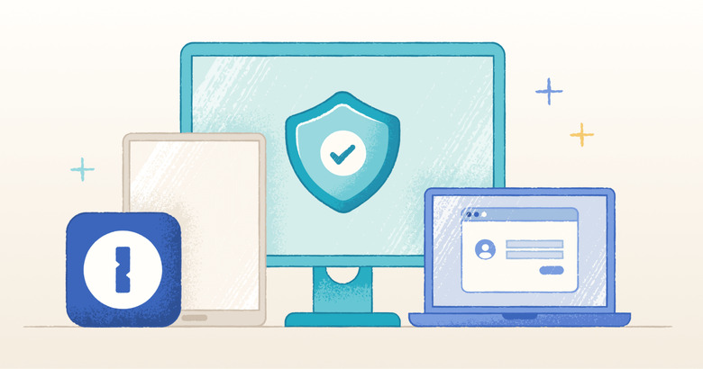 Illustration of a computer monitor with a security shield on it, a laptop, tablet and the 1Password logo.
