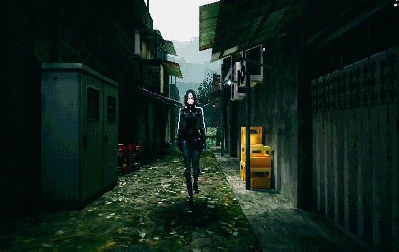 A computer-generated image of a person in a tracksuit walking in an alleyway.