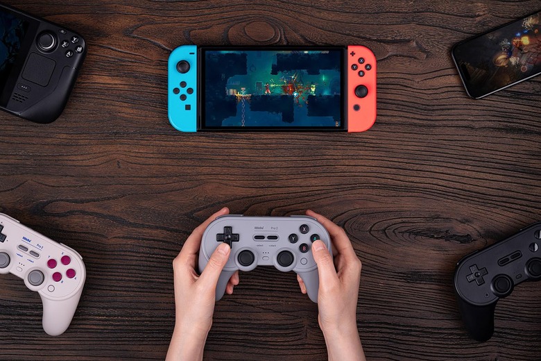 A person uses an 8BitDo Pro2 controller to play a game on a Nintendo Switch.~