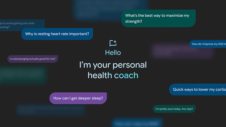 A graphic featuring various speech bubbles containing questions about health stats. In the middle is an icon of a text bubble with an AI symbol integrated in its top right. Below the icon is the word 