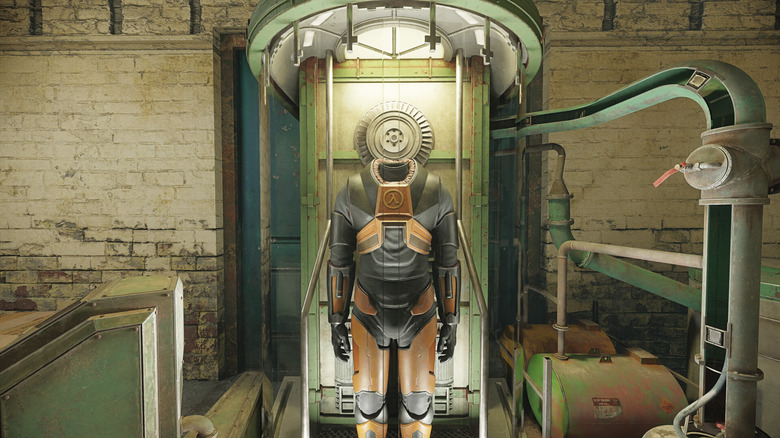 A screenshot from Half-Life 2 RTX showing Gordon's HEV Suit.