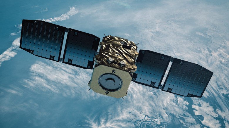 A rendering of the ADRAS-J satellite in orbit with Earth in the background