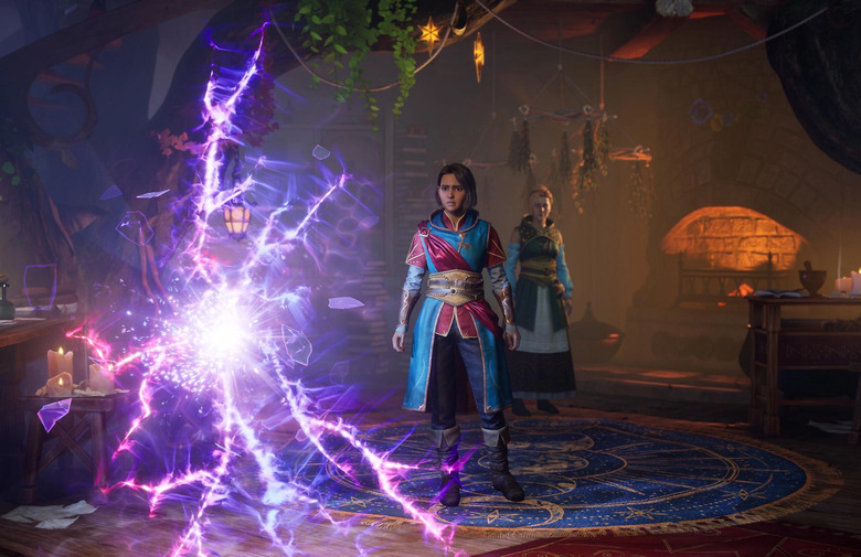 A screenshot of a video game showing two people wearing fantasy clothing.