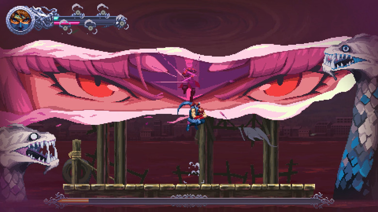 A pair of focused eyes fill the screen as a ninja warrior battles two giant snakes in Ninja Gaiden: Ragebound.