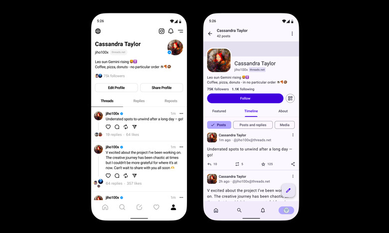 Two screenshots (left: Threads, right: Mastodon) showing the same post side-by-side against a black background. 