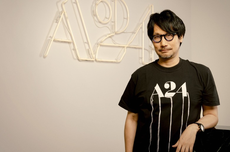Hideo Kojima wearing a shirt with an A24 logo.
