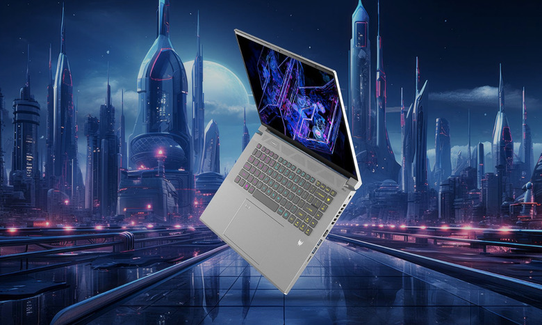 A laptop floating over a cyberpunk city. 