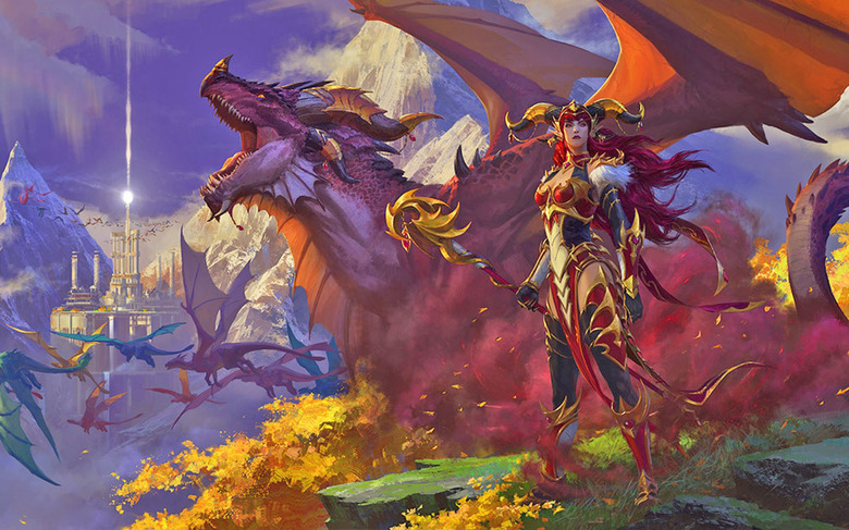 An artists image for the video game 'World of Warcraft Dragonflight' showing a dragon and warrior standing on the edge of a cliff with flying dragons and a castle in the background.