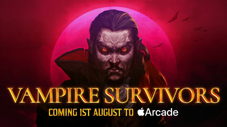 Vampire Survivors key art depicting a vampire with a text overlay reading 