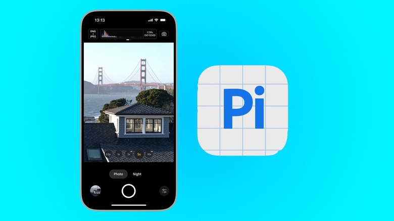 A screenshot from Adobe's new Project Indigo camera app showing a view of San Francisco and an app logo with a 
