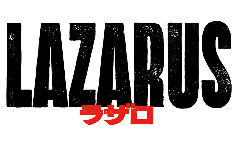 A title card for the upcoming Adult Swim series called 'Lazarus'. The word is in distressed black lettering with Japaneses katakana text in red below it.