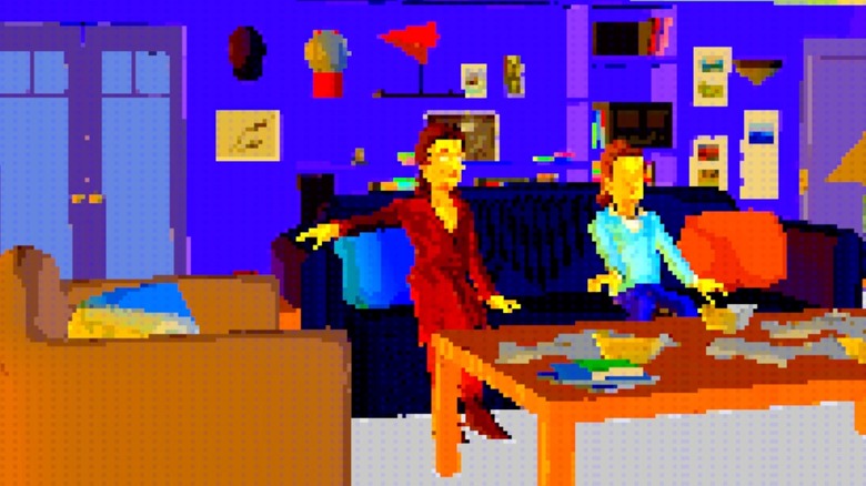 Still from an AI-generated Seinfeld parody. Pixelated animated versions of Elaine Benes and Jerry Seinfeld sit on a couch in an apartment.