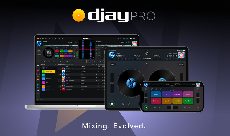 A promotional image for djay Pro 5 showing a MacBook, iPad and iPhone running djay Pro, with the tagline Mixing. Evolved at the bottom.