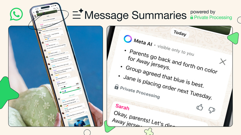 A graphic showing an extra-tall phone with a lot of WhatsApp messages on it next to a short bullet summary from Meta AI.