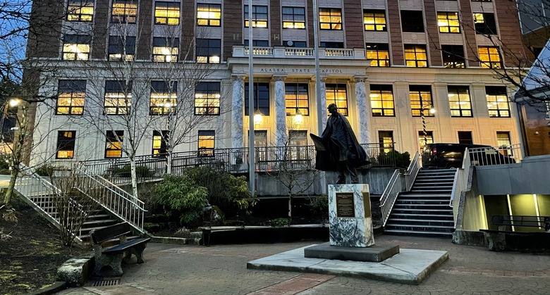 Alaska State Capitol building at dusk.