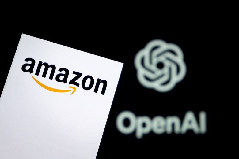 CHONGQING, CHINA - NOVEMBER 03: In this photo illustration, an Amazon logo is displayed on a smartphone screen with an OpenAI logo in the background on November 3, 2025 in Chongqing, China. OpenAI and Amazon have signed a $38 billion deal to run OpenAI's systems on Amazon's cloud services. (Photo by Li Hongbo/VCG via Getty Images)