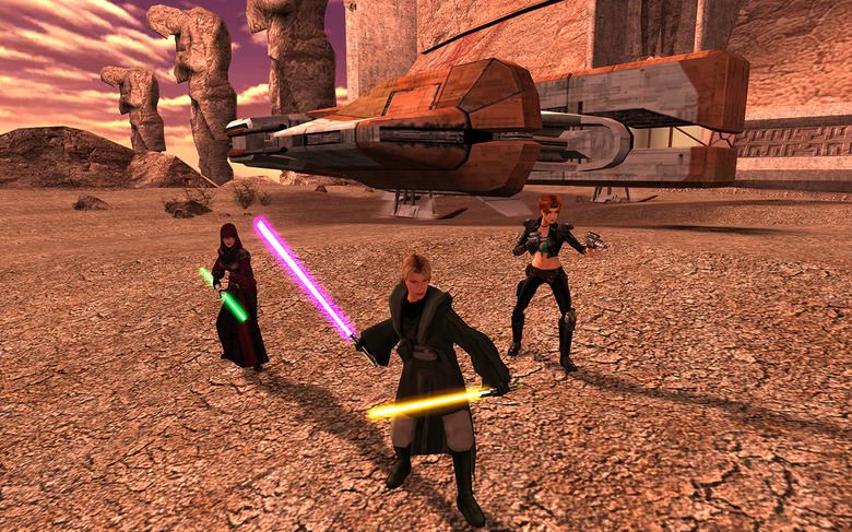 Figures wielding lightsabers and blasters in Star Wars Knights of the Old Republic 2 - The Sith Lords