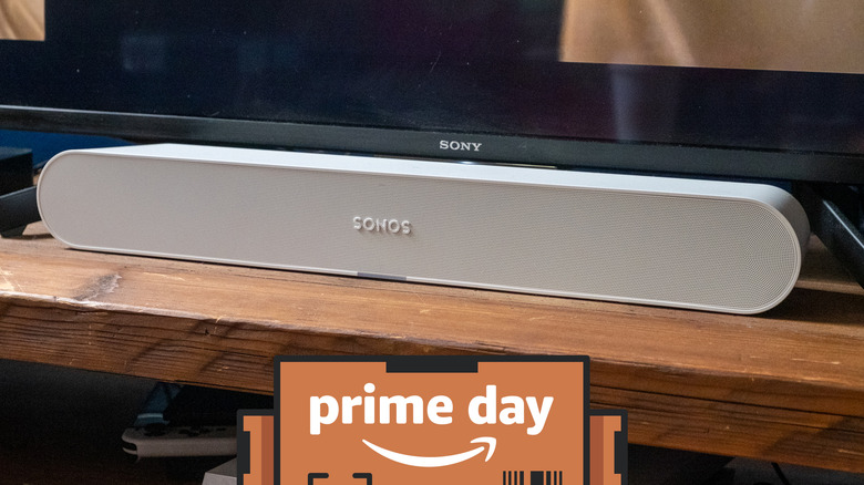 Sonos Ray soundbar with a Prime Day logo overlay