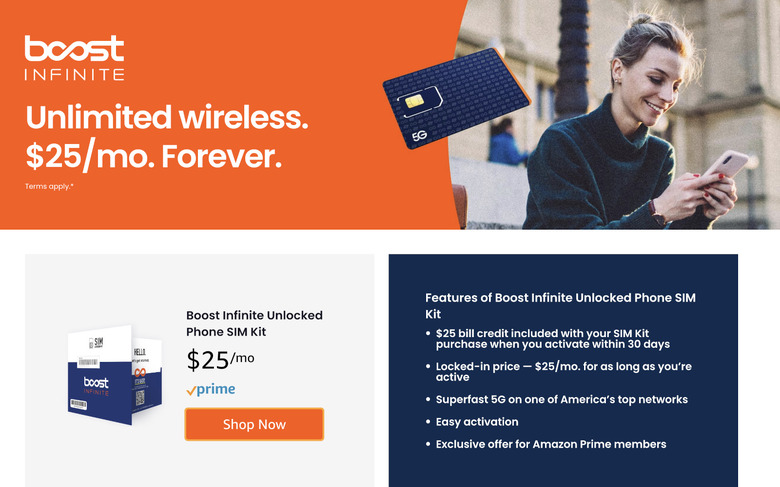 A screenshot showing a woman on her phone with the words: Boost Infinite. Unlimited Wireless. $25/mo. Forever.