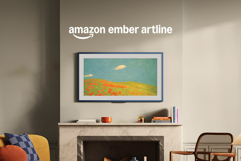 The Amazon Ember Artline TV on a wall above a fireplace.