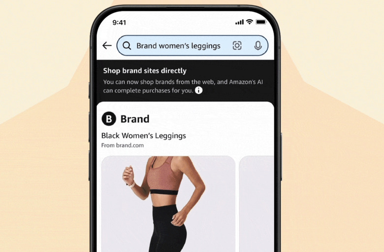 A screenshot of the Amazon app showing a prompt that says 'Shop brand sites directly.'