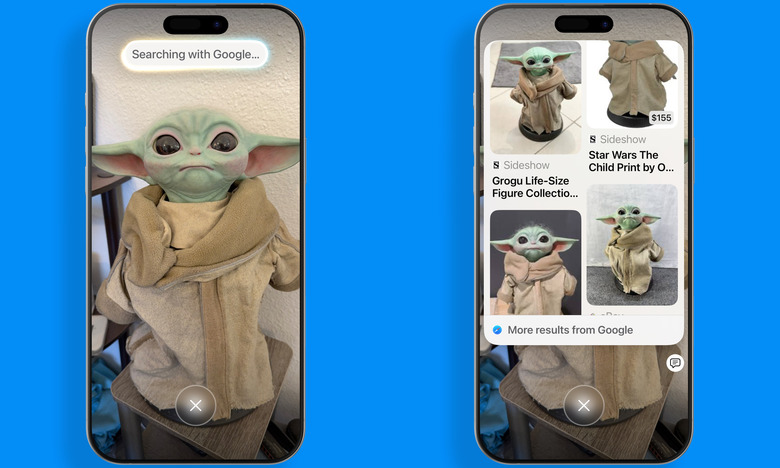 Two iPhone screenshots showing Apple's Visual Intelligence analyzing (and producing Google image search results for) a Grogu doll.