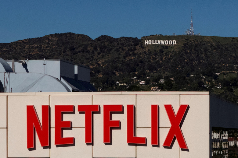 FILE PHOTO: A drone view shows the Netflix logo on one of their buildings in the Hollywood neighborhood of Los Angeles, California, December 8, 2025. REUTERS/Daniel Cole//File Photo