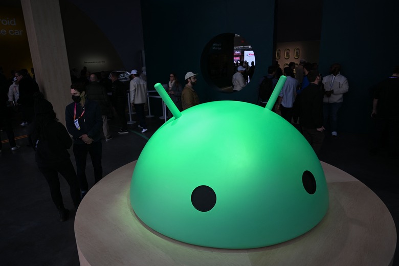 A large Android logo head is displayed at Alphabets Google Android plaza booth during the Consumer Electronics Show (CES) in Las Vegas, Nevada on January 5, 2023. (Photo by Patrick T. Fallon / AFP) (Photo by PATRICK T. FALLON/AFP via Getty Images)