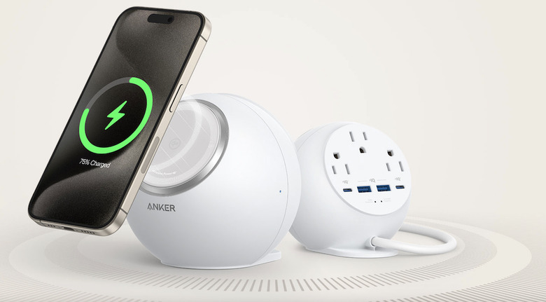 The charger is shown from the front with an iPhone and from the back to demonstrate the ports. 