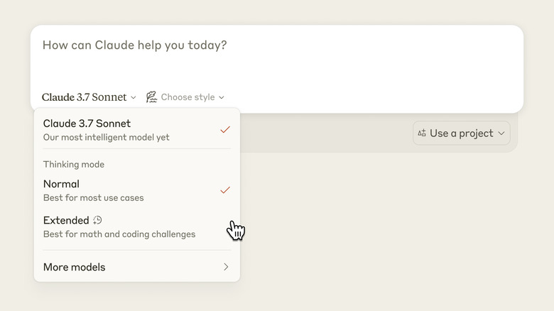 A screenshot of Claude's interface, showing the new model hybrid reasoning modes.