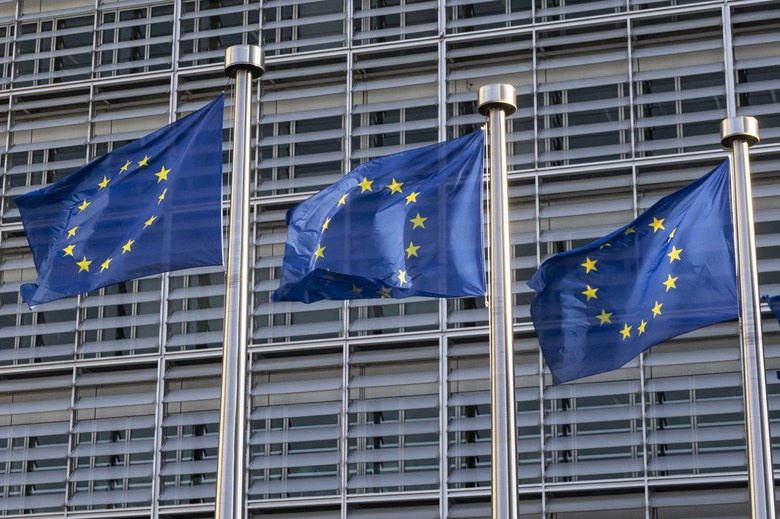 Flags of Europe as seen waving from the flagpoles. The European Flag is the symbol of Council of Europe COE and the European Union EU as seen in the Belgian capital in front of the Le Berlaymont building, European Commission headquarters next to Europa building HQ of the European Council at the European Quarter in Brussels, where the headquarters of the pan-European institutions and organizations are located. Brussels, Belgium on April 2024 (Photo by Nicolas Economou/NurPhoto via Getty Images)