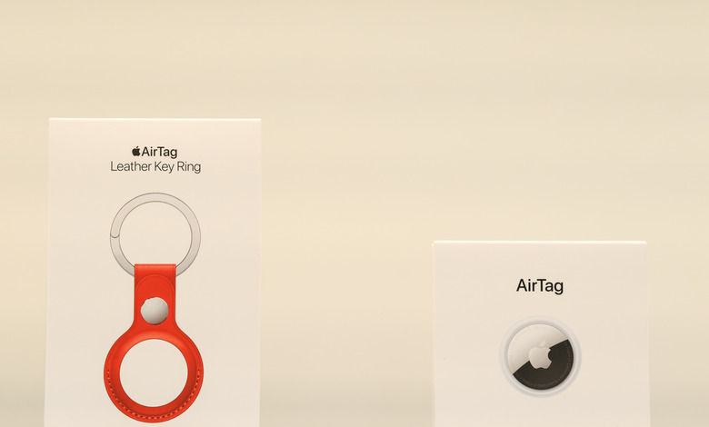 SYDNEY, AUSTRALIA - APRIL 30: Accessories on display next to an AirTag for the launch of the new Apple Air Tag at the Apple Store George Street on April 30, 2021 in Sydney, Australia. Apple's latest accessory, the AirTag is a small device that helps people keep track of belongings, using Apple's Find My network to locate lost items like keys, wallet, or a bag. (Photo by James D. Morgan/Getty Images)