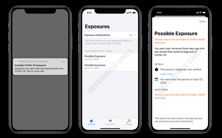 Sample screenshots of Apple and Google's upcoming exposure notification system.