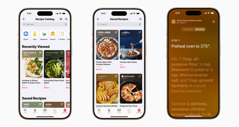 Screenshots of a new Food section in the Apple News+ app.