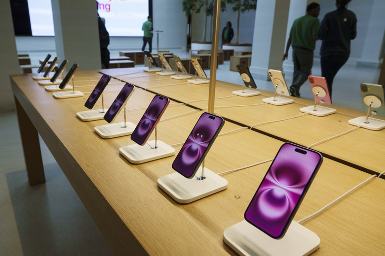 WASHINGTON, DC - MAY 30: iPhones are displayed inside of the Apple Carnegie Library store on May 30, 2025 in Washington, DC. (Photo by Kevin Carter/Getty Images)
