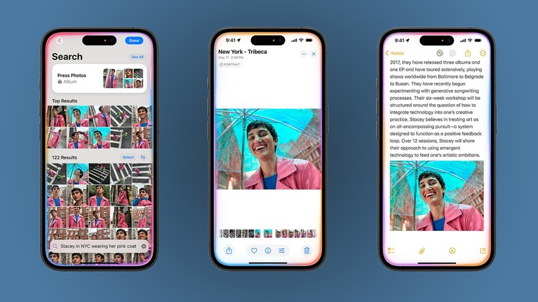 Three screenshots of the updated Siri taking action inside of the Photos and Notes app.
