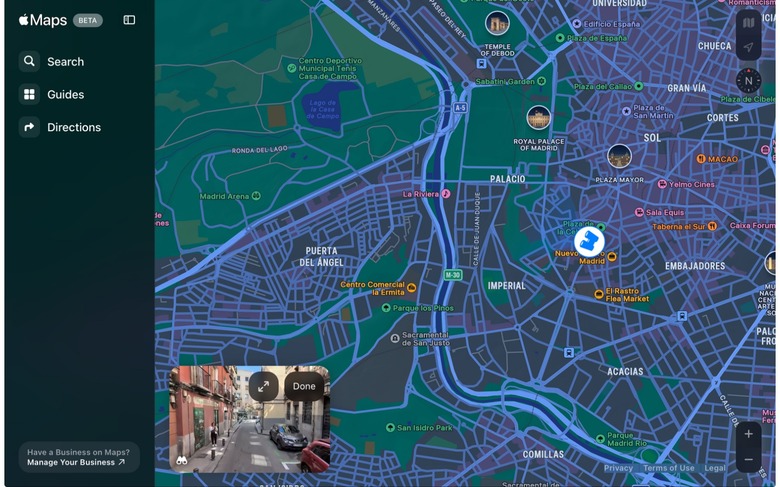 A screenshot of a map showing places in Madrid, Spain, including Sol, Gran Via and Chueca.