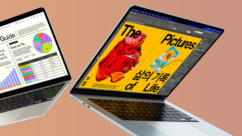 A graphic featuring a crop of two MacBook Airs floating on a brown background.