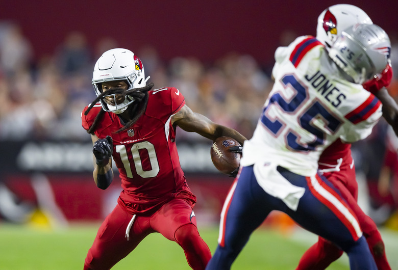 Dec 12, 2022; Glendale, Arizona, USA; Arizona Cardinals wide receiver DeAndre Hopkins (10) against the New England Patriots at State Farm Stadium. Mandatory Credit: Mark J. Rebilas-USA TODAY Sports