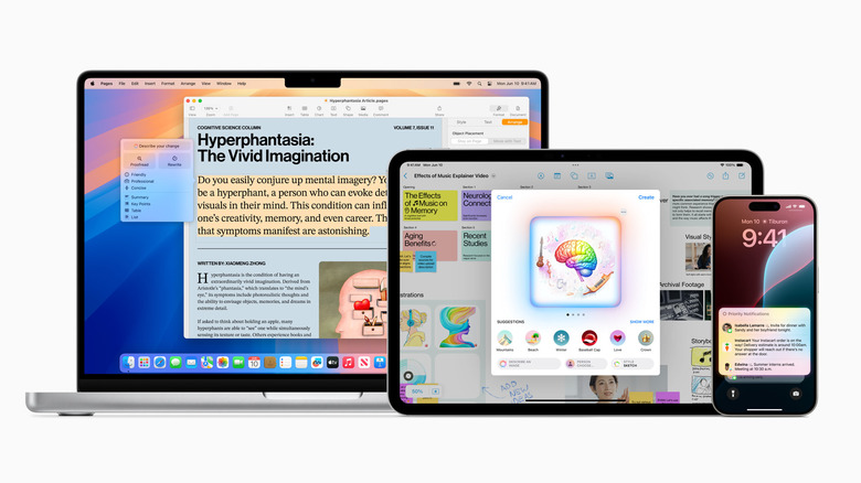 Apple Intelligence previews on MacBook, iPad and iPhone.