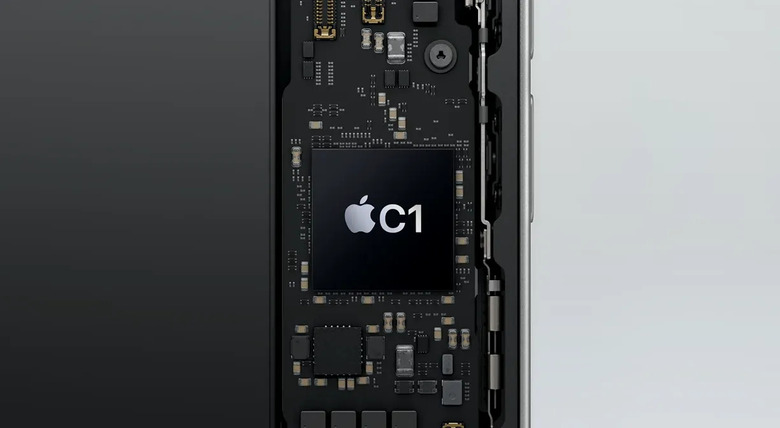 A graphic of the iPhone 16e's internals, showing a black square with the Apple logo and 