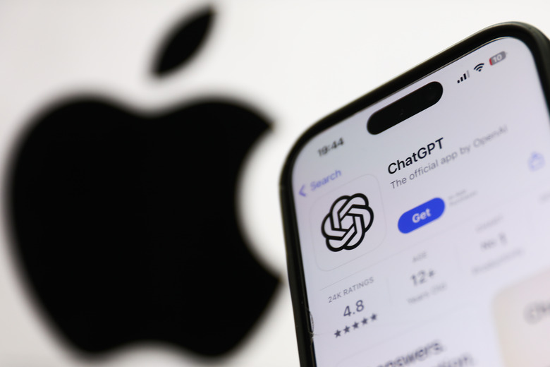 ChatGPT on AppStore displayed on a phone screen and Apple logo dislpayed on a screen in the background are seen in this illustration photo taken in Krakow, Poland on June 11, 2024. (Photo by Jakub Porzycki/NurPhoto via Getty Images)