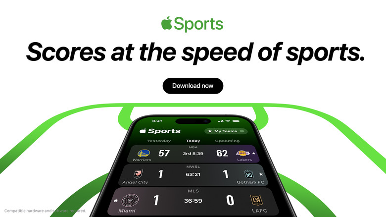 Promotional image for Apple Sports in which an iPhone hovers over a green outline of a sports field, with the caption 
