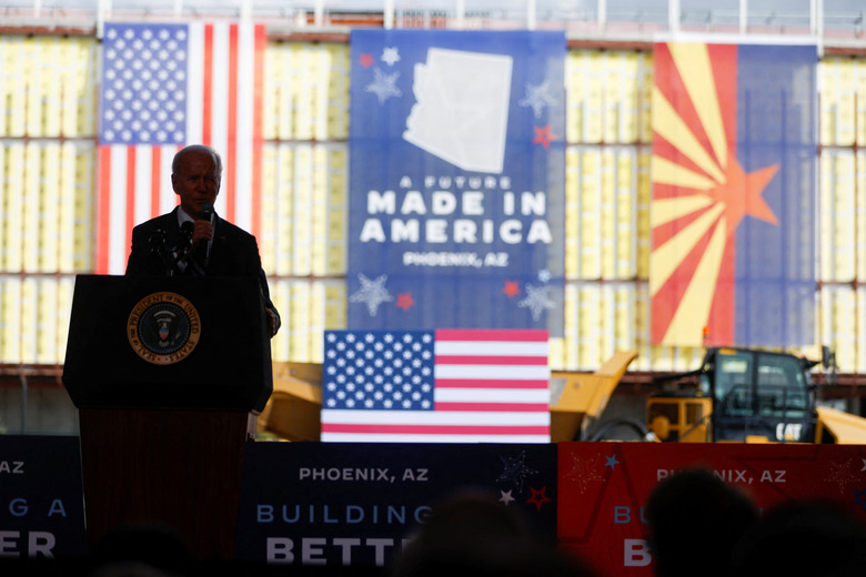U.S. President Joe Biden delivers his remarks during a visit to TSMC AZ's first Fab (Semiconductor Fabrication Plant) in P1A (Phase 1A), in Phoenix, Arizona, U.S. December 6, 2022. REUTERS/Jonathan Ernst