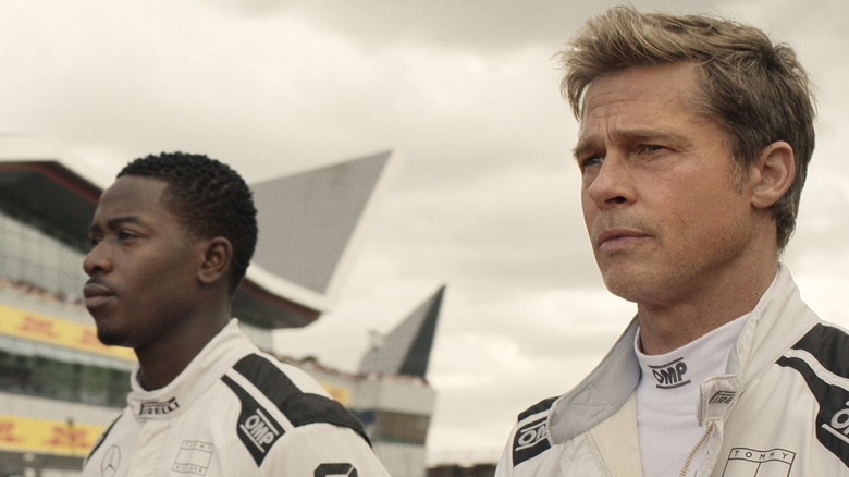 A promotional image of Brad Pitt in Apple's F1 the Movie