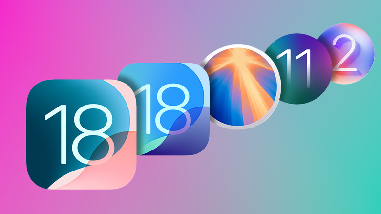 Apple's 2024 software update icons in a diagonal row with drop shadows. Color gradient background.