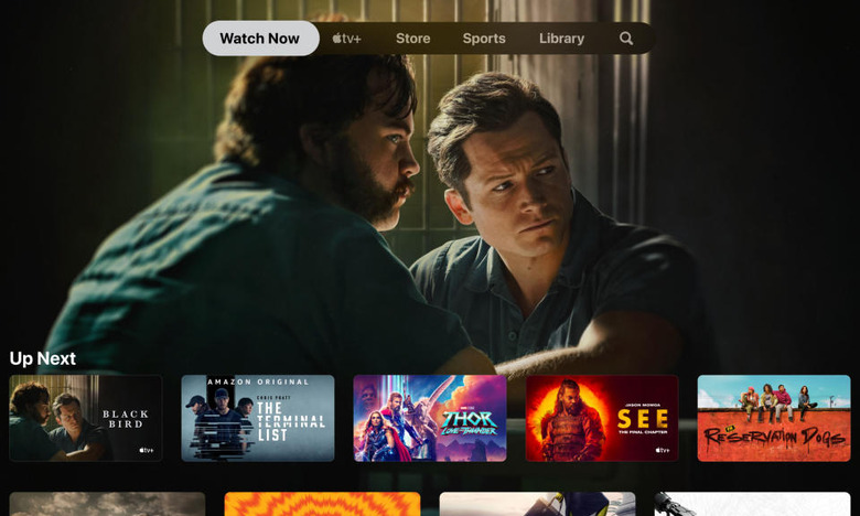 Apple TV home screen, featuring a still from Black Bird with content icons below.
