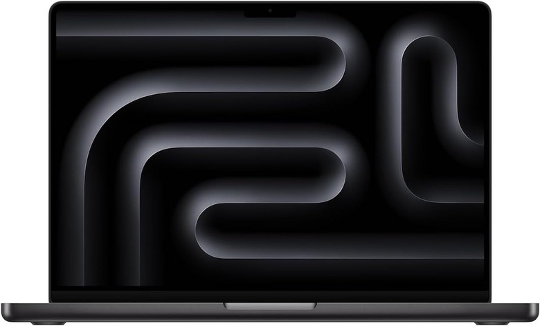 A black MacBook pro with swirls on the screen.