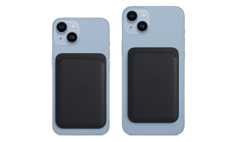 Apple marketing image of two iPhones with magnetic leather wallets attached to the back of each.